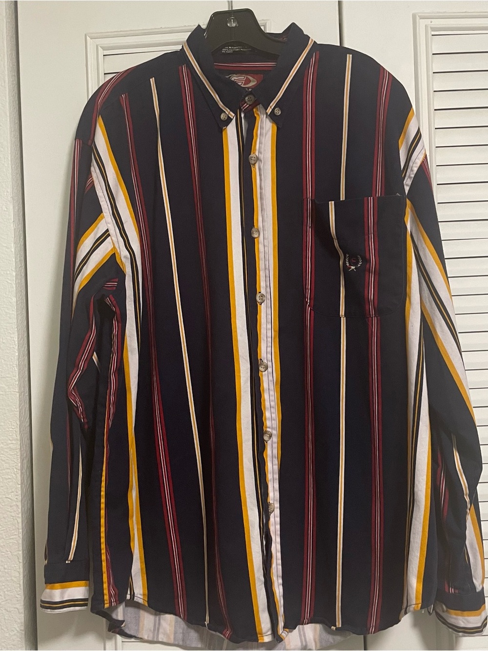 Vintage 90s Long-Sleeve Button-Down Stripe Shirt - Navy/Maroon/Yellow